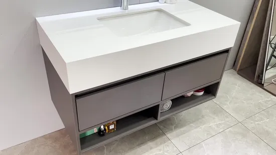 Espelho de banheiro LED com design moderno de hotel, atacado, padrão europeu, tampo de ardósia, pia de cerâmica, pia flutuante para banheiro com espelho