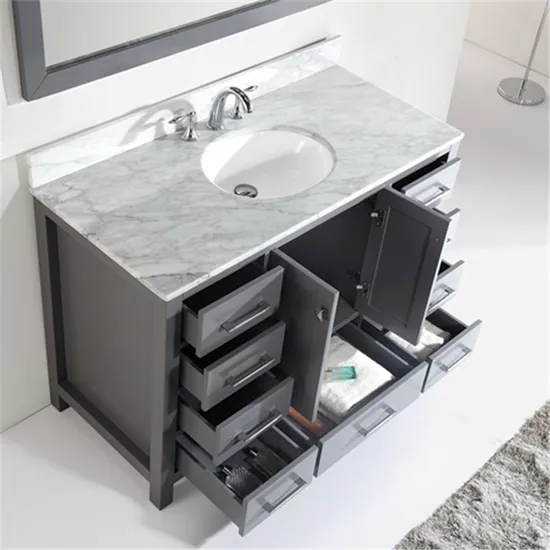 Gabinete de banheiro de madeira de carvalho com acabamento cinza escuro de 48 polegadas e pia única