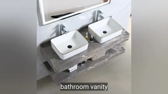 Gabinete de banheiro contemporâneo de parede com espelho LED e gabinete de pedra artificial para vilas